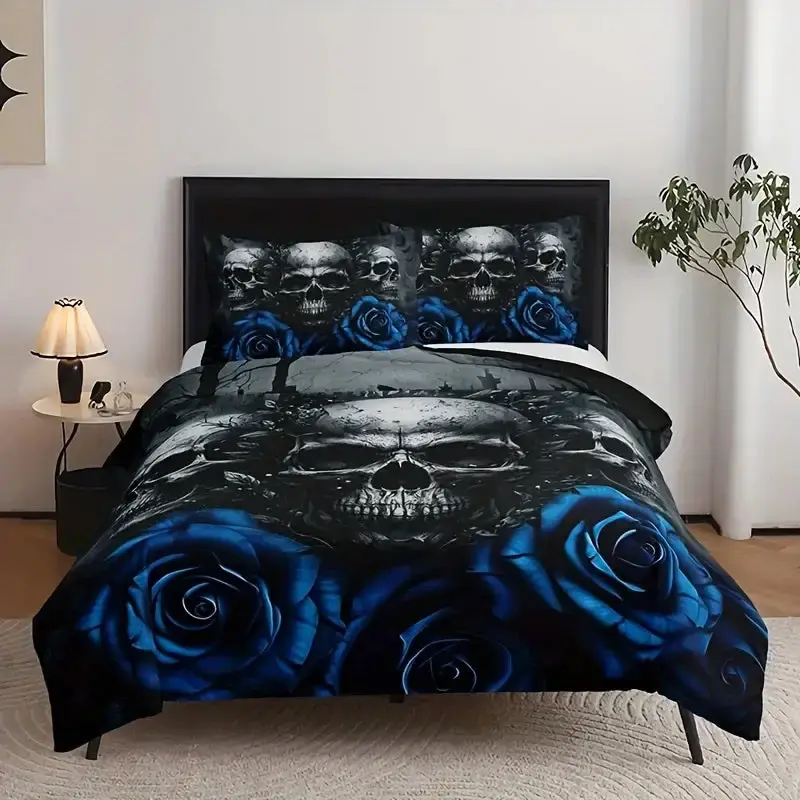 Gothic Bettwaesche Set Mit Totenkopf 038 Blauer Rose 3 Teilig