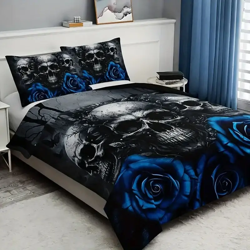 Gothic Bettwaesche Set Mit Totenkopf 038 Blauer Rose 3 Teilig