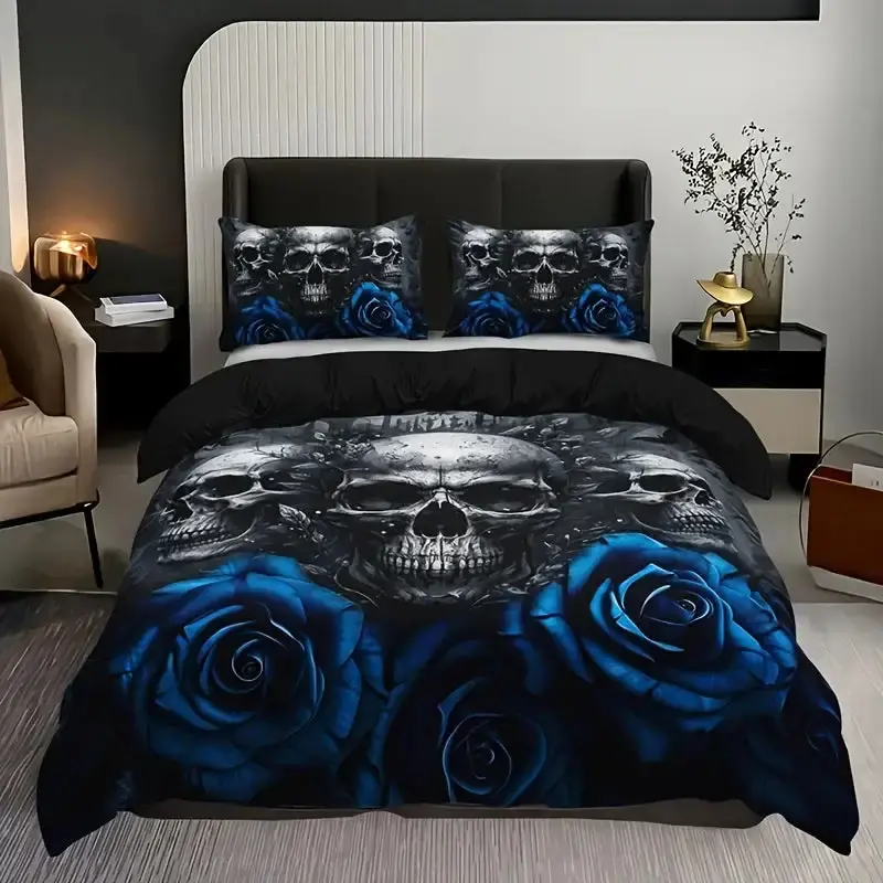 Gothic Bettwaesche Set Mit Totenkopf 038 Blauer Rose 3 Teilig