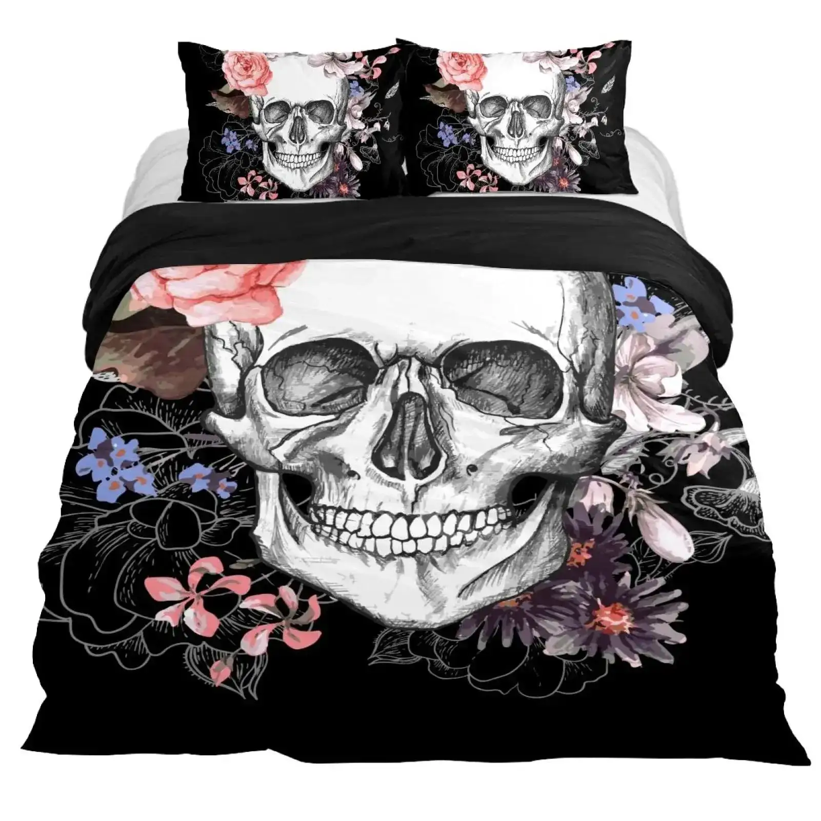 Gothic Bettwaesche Set Mit Totenkopf Satanisches Design