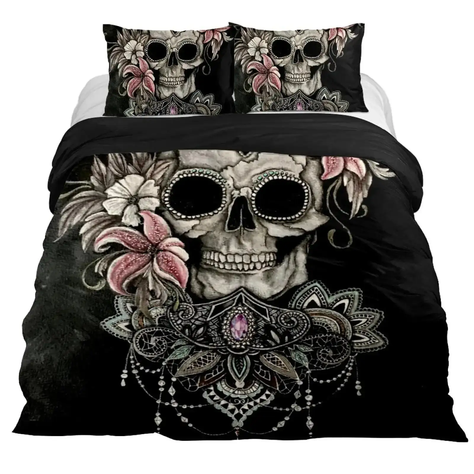 Gothic Bettwaesche Set Mit Totenkopf Satanisches Design