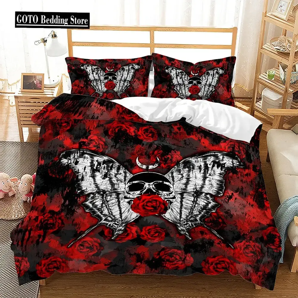 Gothic Bettwaesche Set Mit Totenkopf Und Roten Rosen