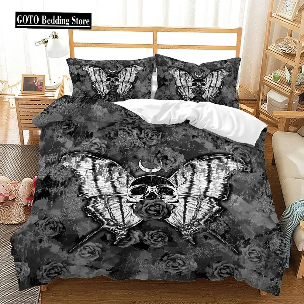 Gothic Bettwaesche Set Mit Totenkopf Und Roten Rosen