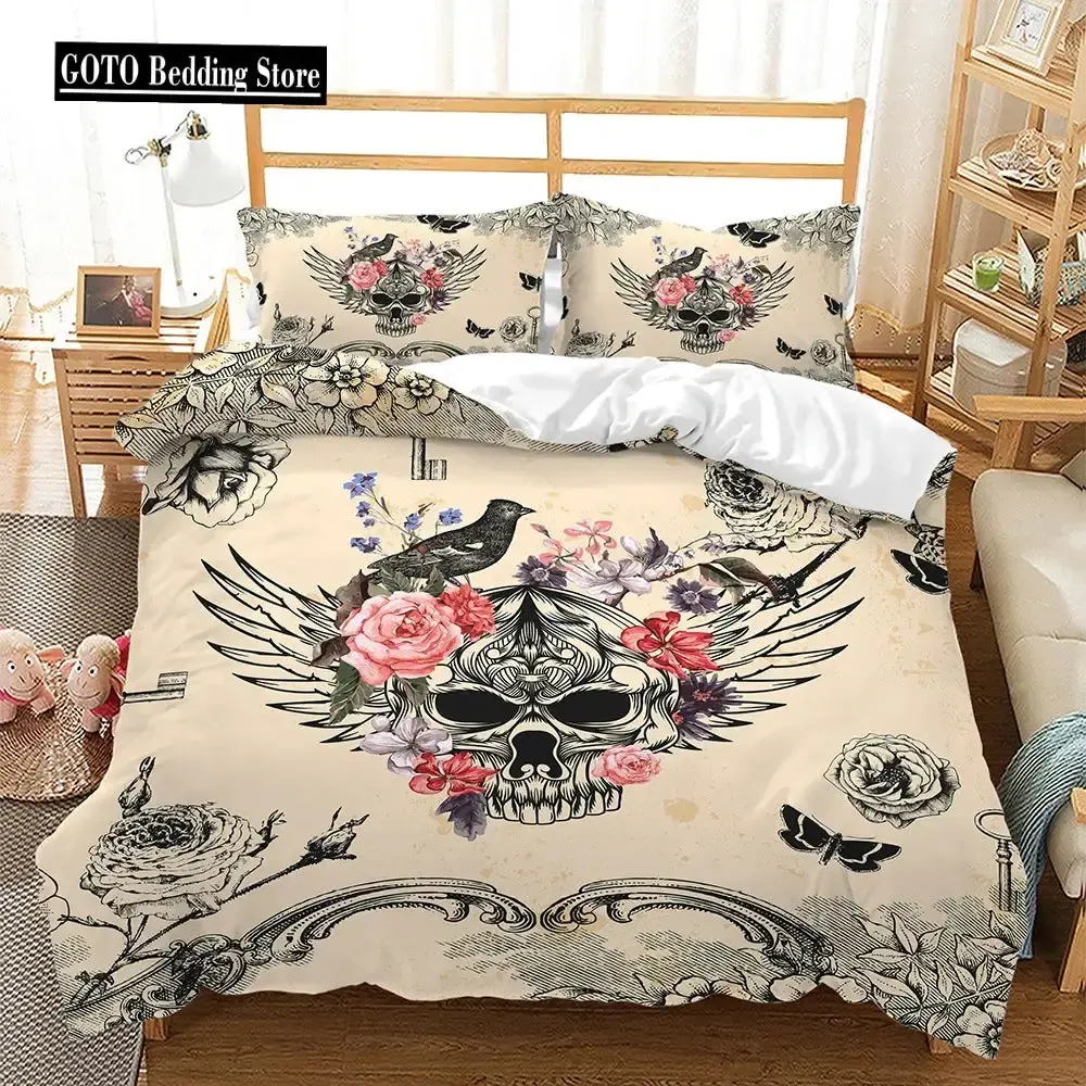 Gothic Bettwaesche Set Mit Totenkopf Und Roten Rosen