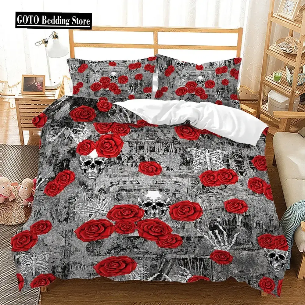 Gothic Bettwaesche Set Mit Totenkopf Und Roten Rosen
