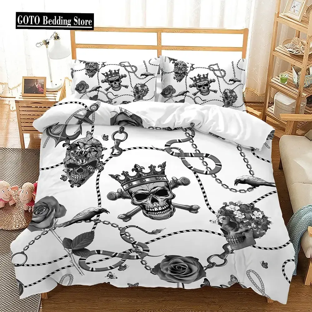 Gothic Bettwaesche Set Mit Totenkopf Und Roten Rosen