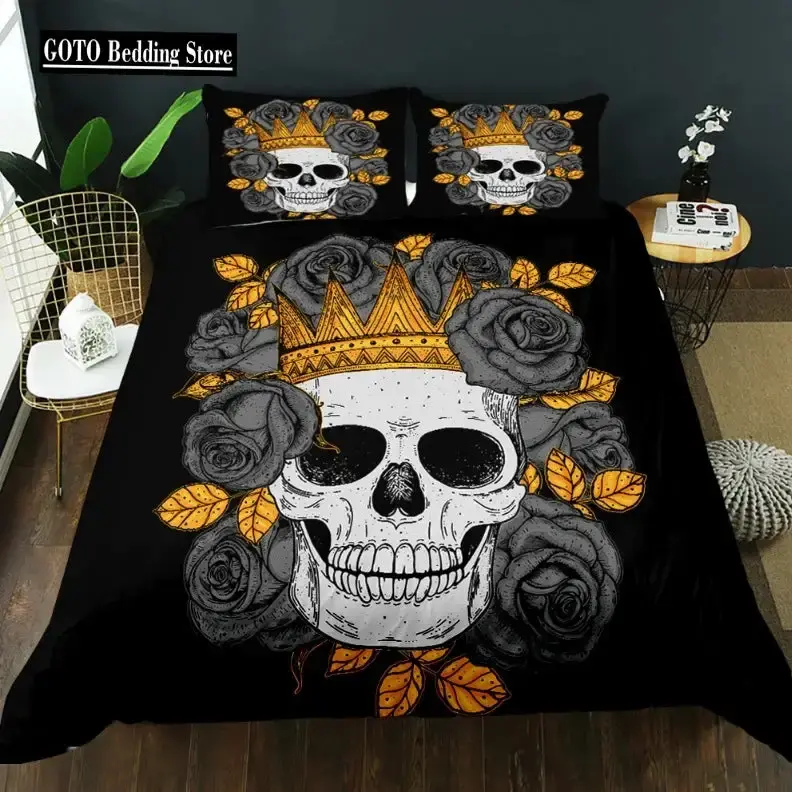 Gothic Bettwaesche Set Mit Totenkopf Und Roten Rosen