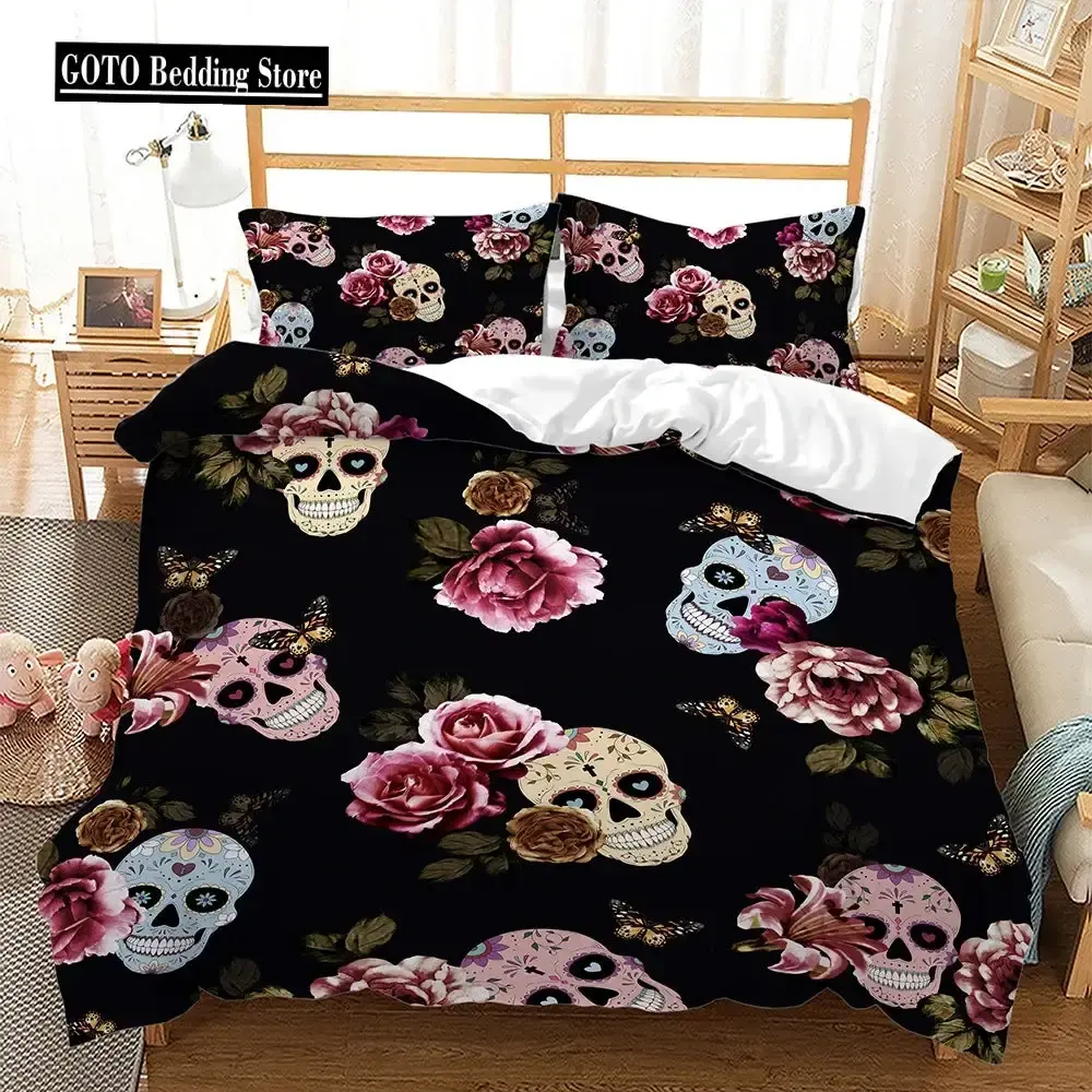 Gothic Bettwaesche Set Mit Totenkopf Und Roten Rosen