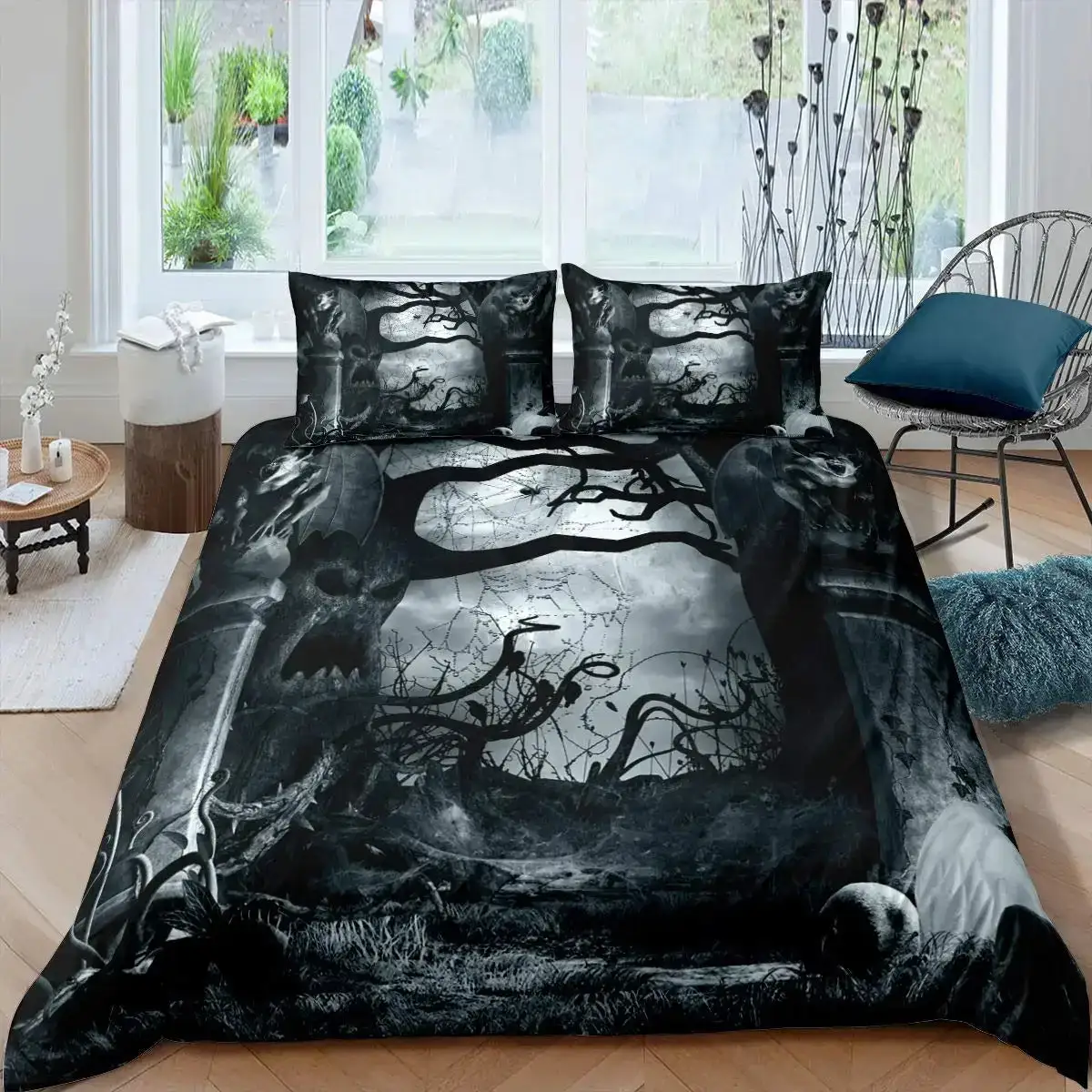Gothic Halloween Bettwaesche Set Grau Mit Baum Motiv