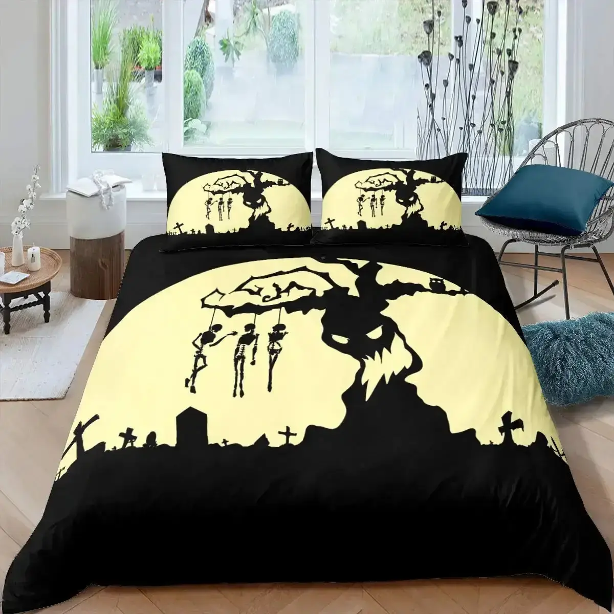 Gothic Halloween Bettwaesche Set Grau Mit Baum Motiv