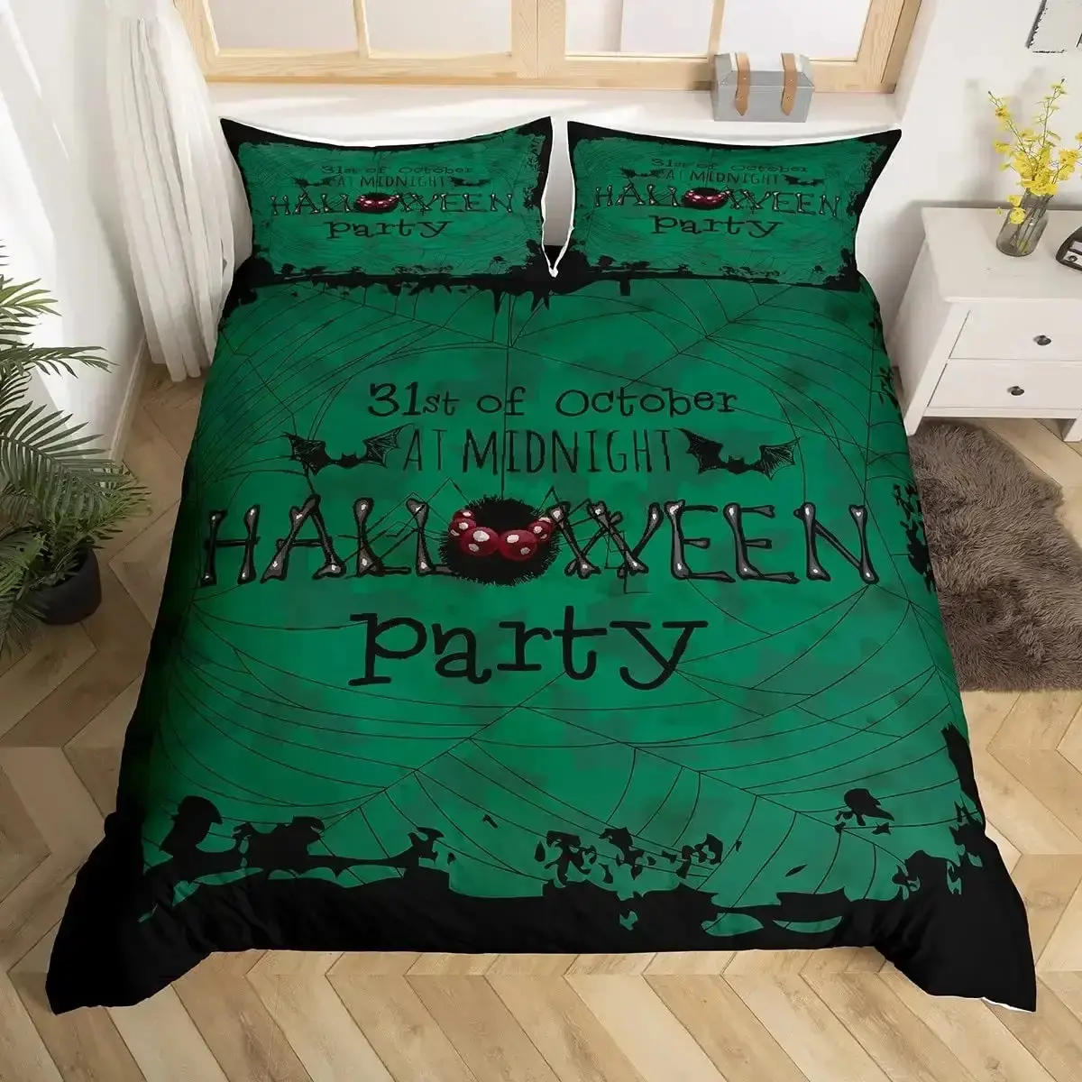 Gothic Halloween Bettwaesche Set Grau Mit Baum Motiv
