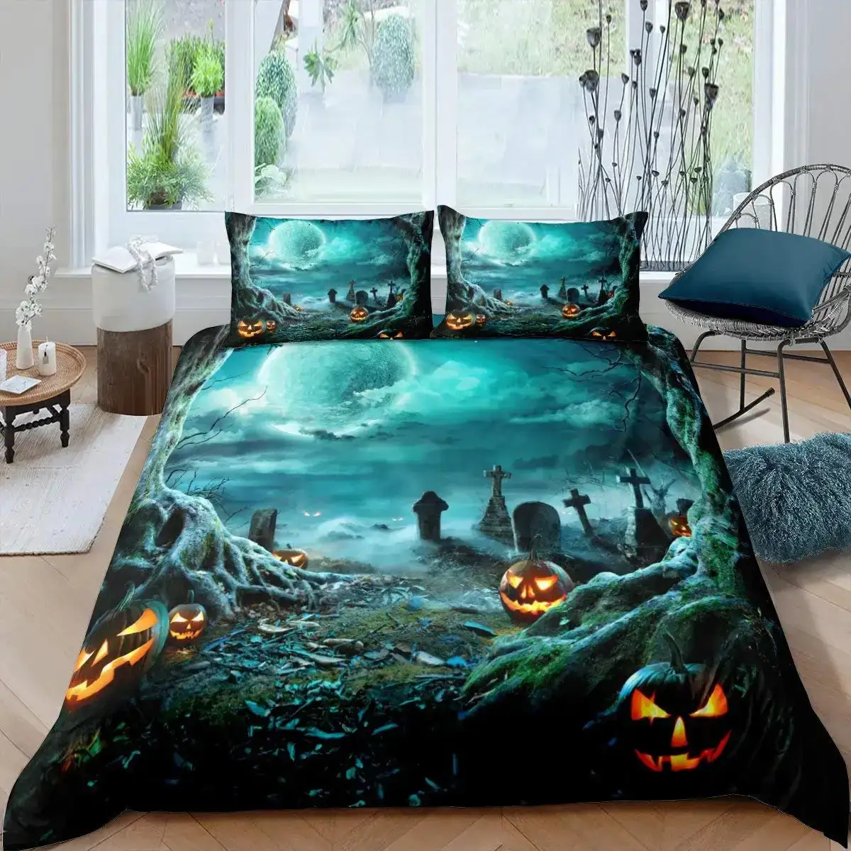 Gothic Halloween Bettwaesche Set Grau Mit Baum Motiv