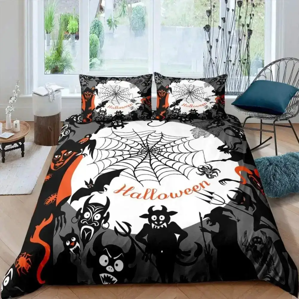 Gothic Halloween Bettwaesche Set Grau Mit Baum Motiv