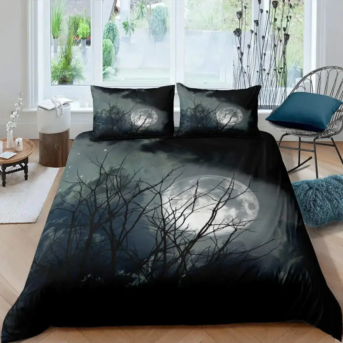 Gothic Halloween Bettwaesche Set Grau Mit Baum Motiv