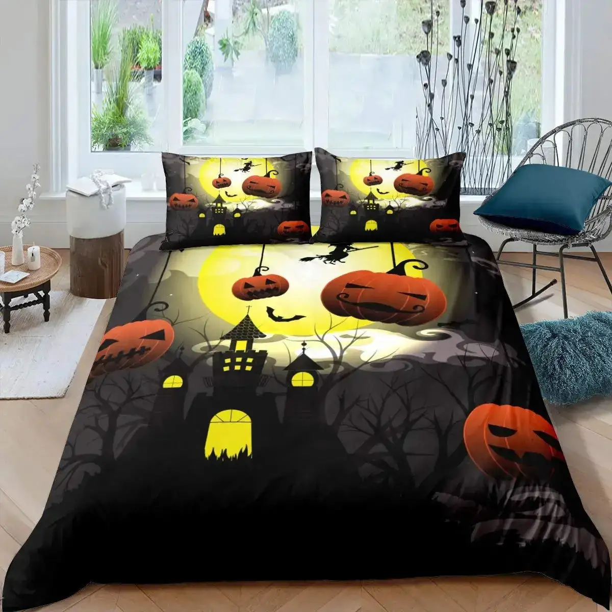 Gothic Halloween Bettwaesche Set Grau Mit Baum Motiv