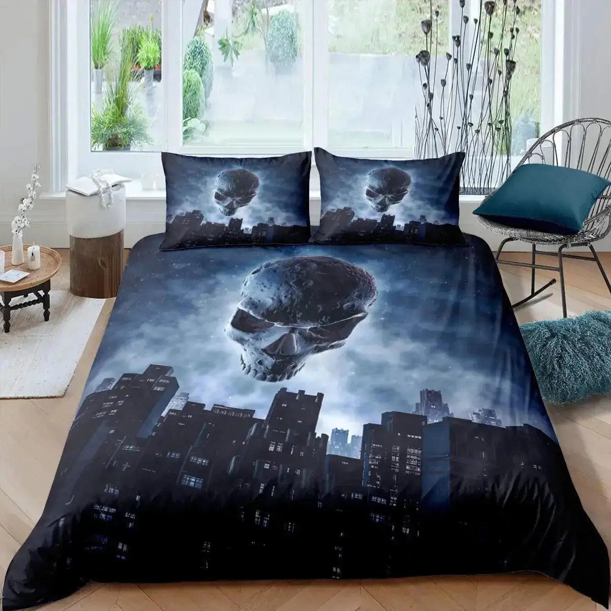 Gothic Halloween Bettwaesche Set Grau Mit Baum Motiv