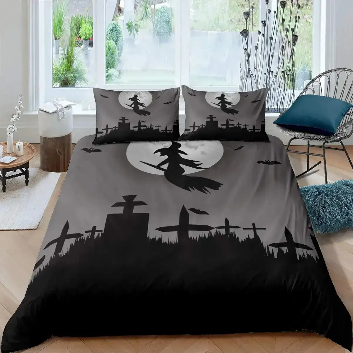 Gothic Halloween Bettwaesche Set Grau Mit Baum Motiv