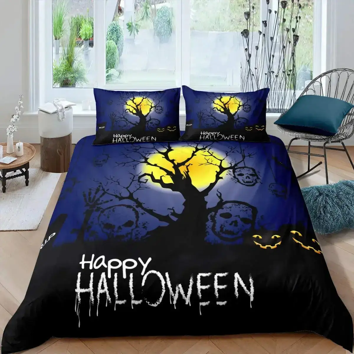 Gothic Halloween Bettwaesche Set Grau Mit Baum Motiv
