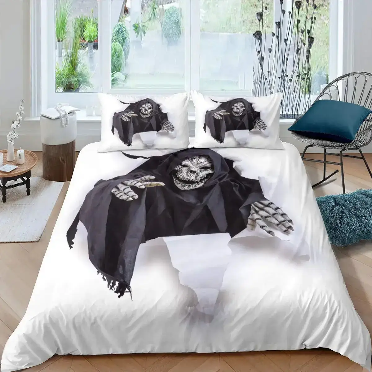 Gothic Halloween Bettwaesche Set Grau Mit Baum Motiv