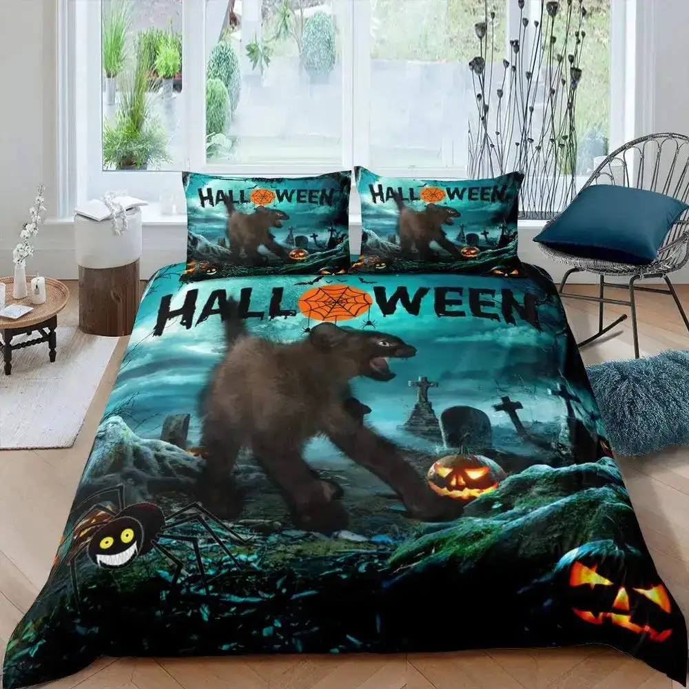 Gothic Halloween Bettwaesche Set Grau Mit Baum Motiv