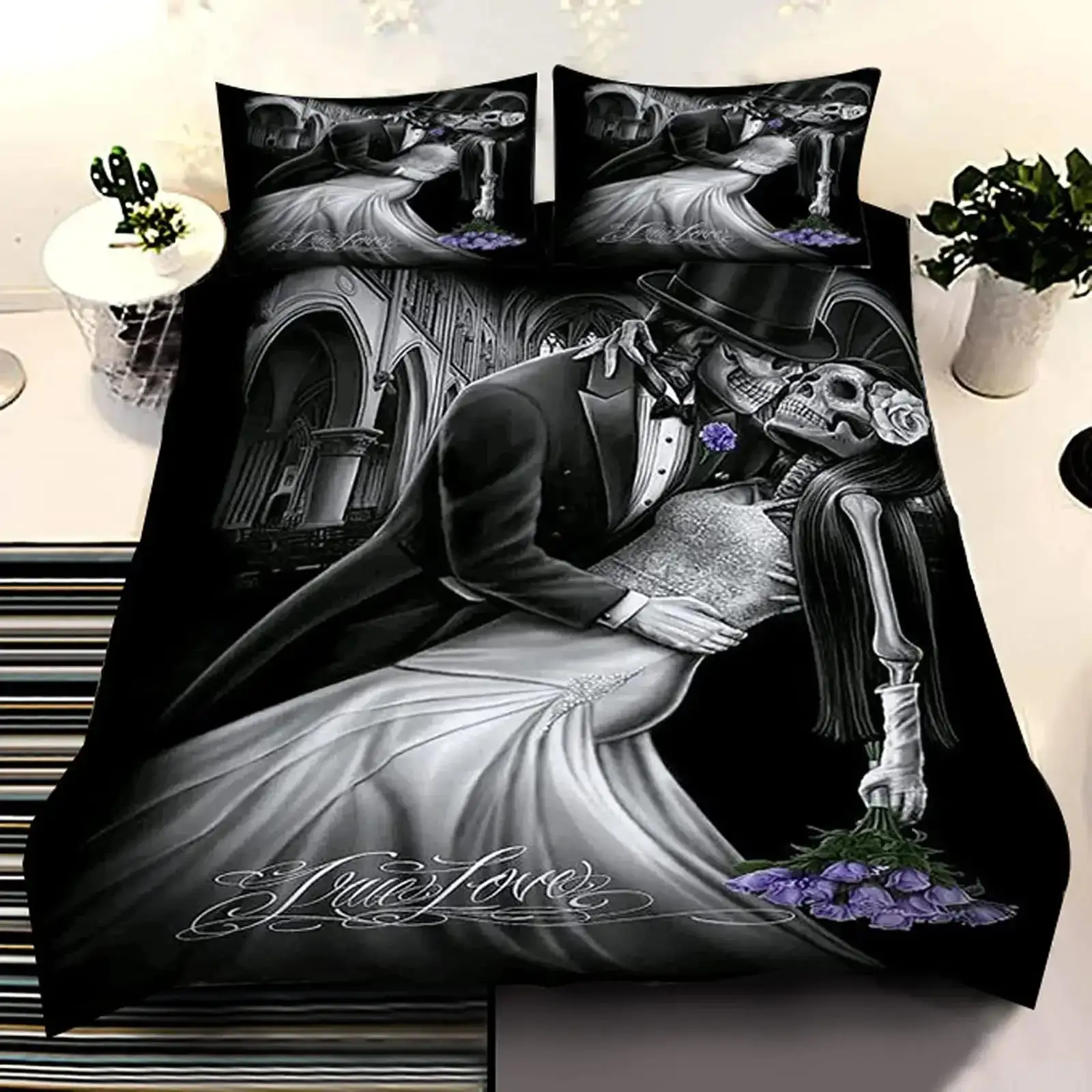 Gothic Halloween Bettwaesche Set Grau Mit Baum Motiv