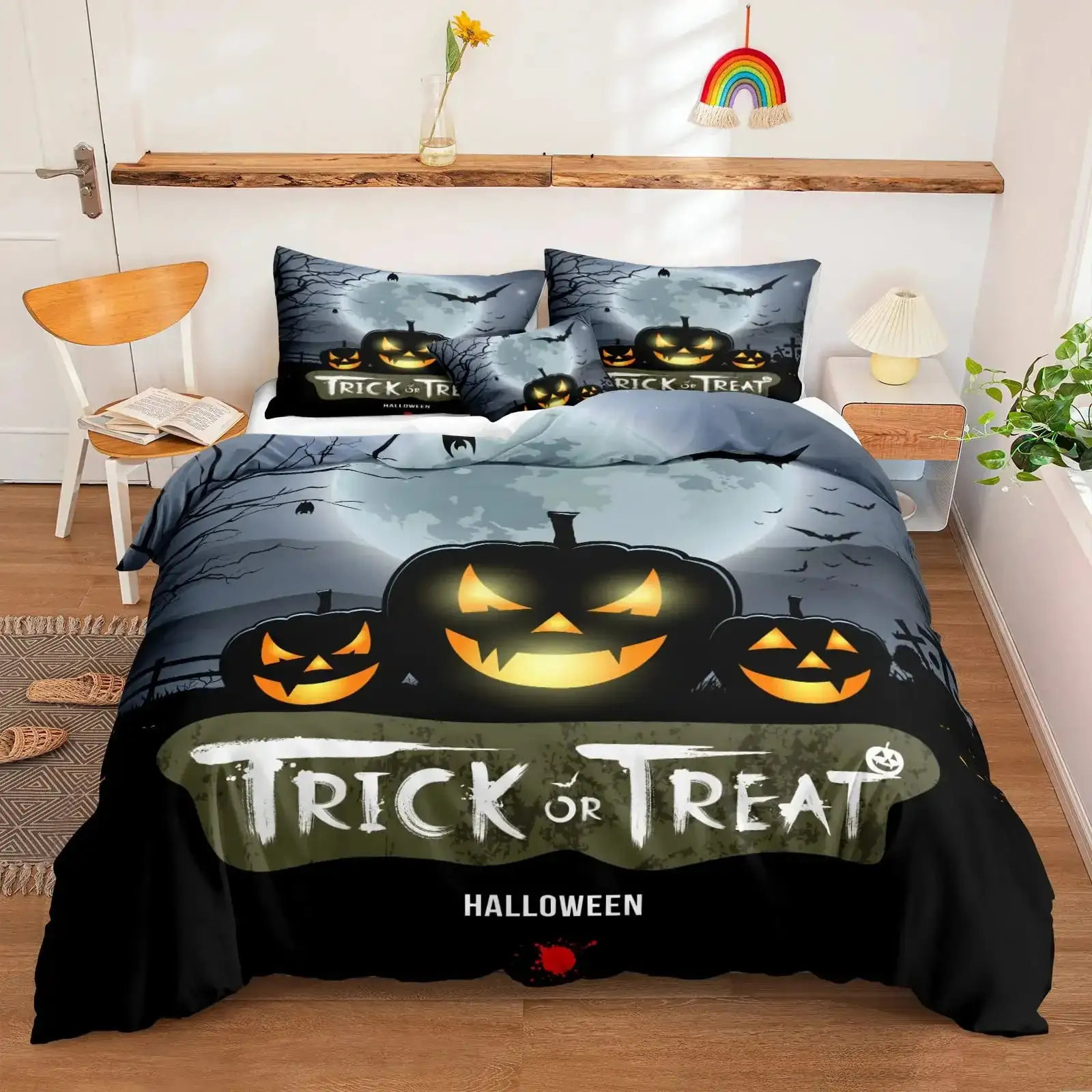 Gothic Halloween Bettwaesche Set Grau Mit Baum Motiv