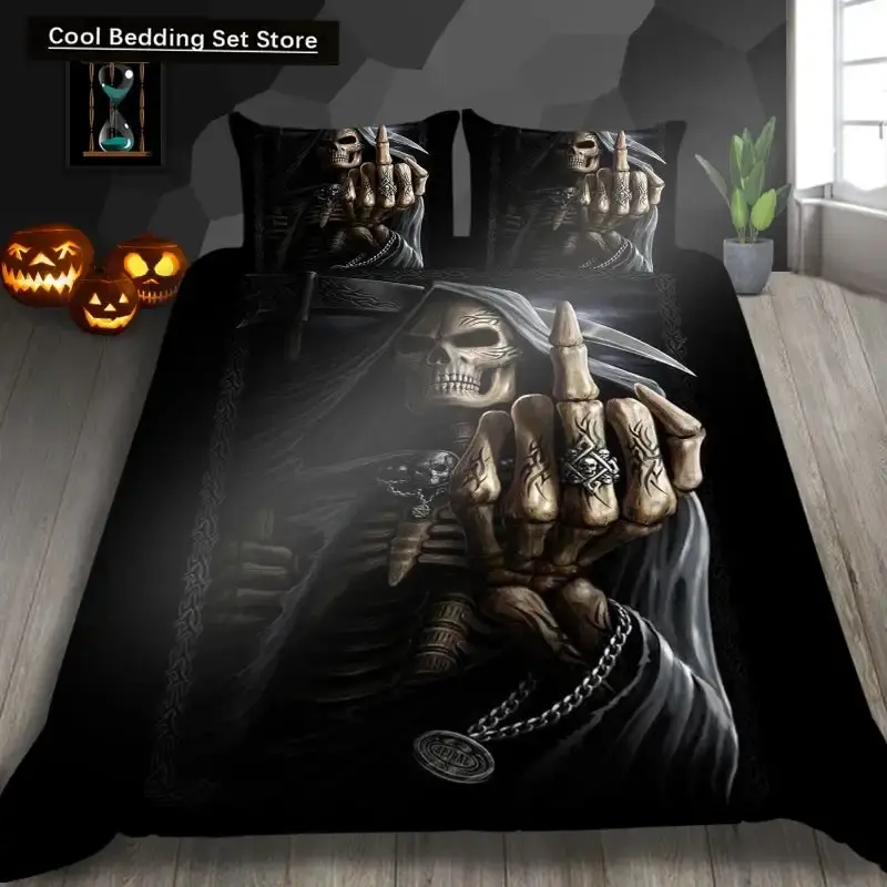 Gothic Skelett Bettwaesche Set Mit Totenkopf Fuer Halloween