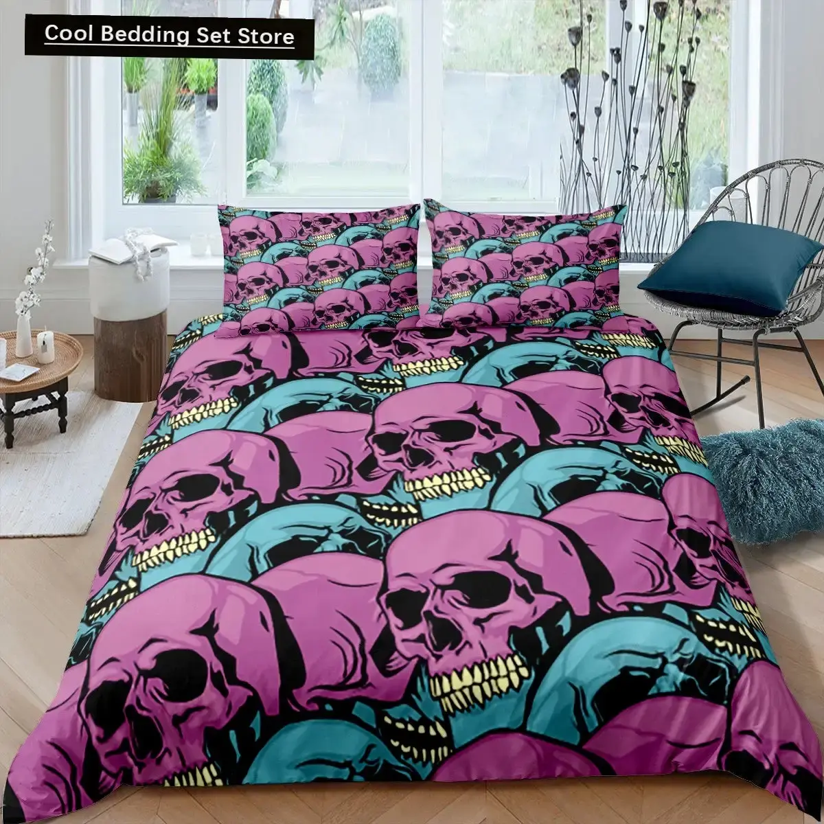 Gothic Skelett Bettwaesche Set Mit Totenkopf Fuer Halloween