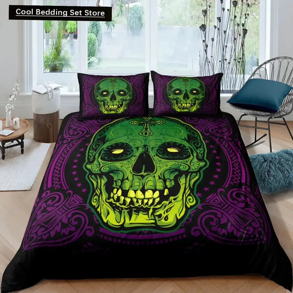 Gothic Skelett Bettwaesche Set Mit Totenkopf Fuer Halloween
