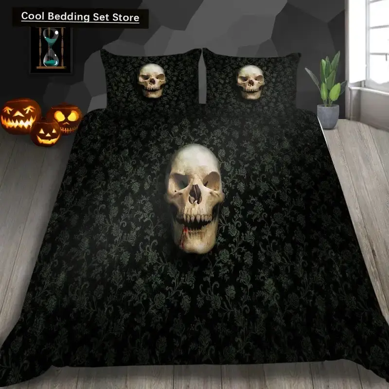 Gothic Skelett Bettwaesche Set Mit Totenkopf Fuer Halloween