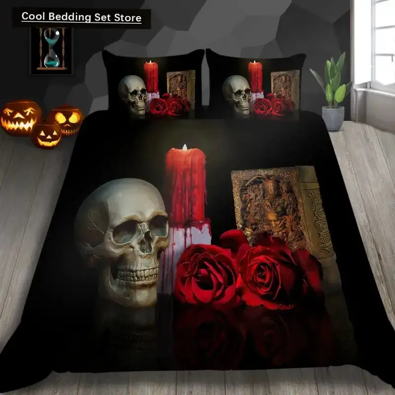 Gothic Skelett Bettwaesche Set Mit Totenkopf Fuer Halloween