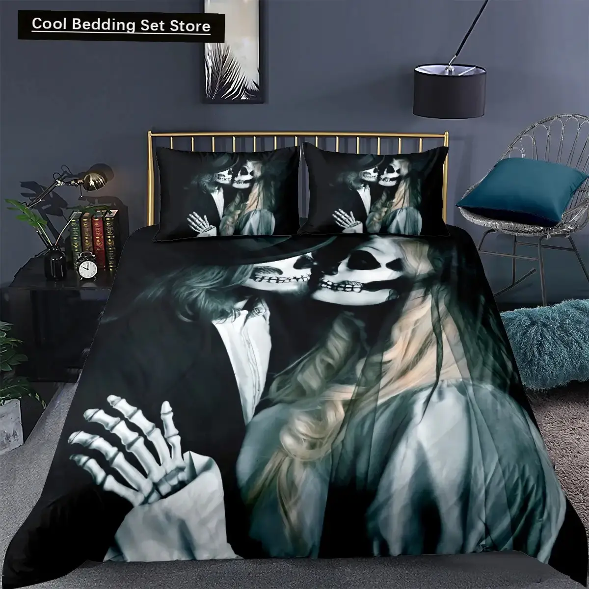 Gothic Skelett Bettwaesche Set Mit Totenkopf Fuer Halloween