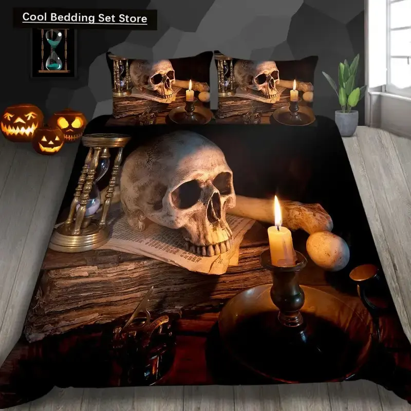 Gothic Skelett Bettwaesche Set Mit Totenkopf Fuer Halloween