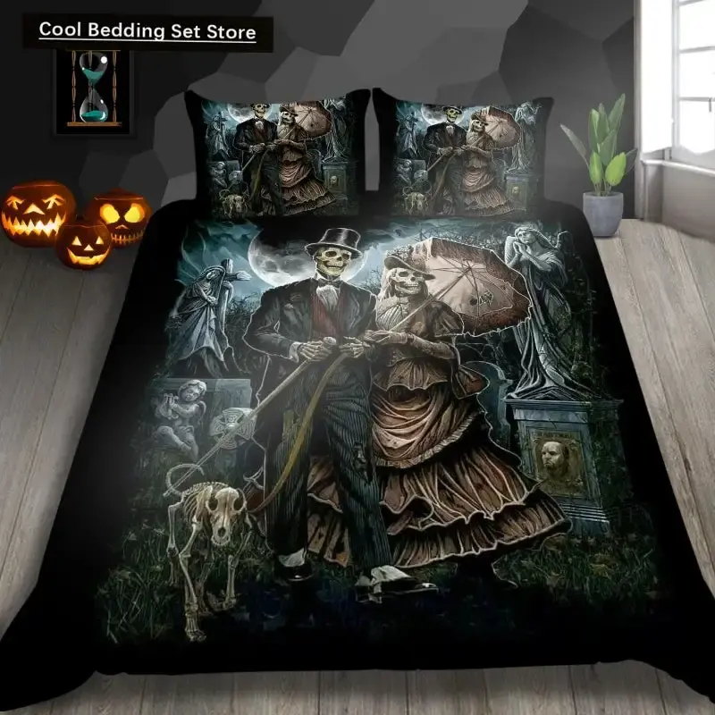 Gothic Skelett Bettwaesche Set Mit Totenkopf Fuer Halloween
