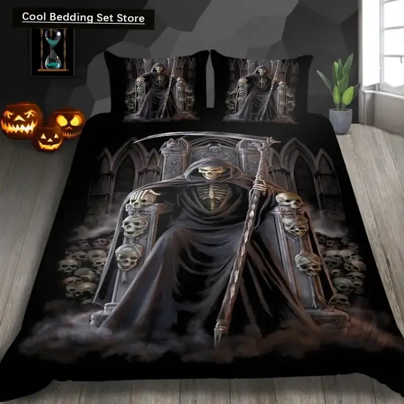 Gothic Skelett Bettwaesche Set Mit Totenkopf Fuer Halloween