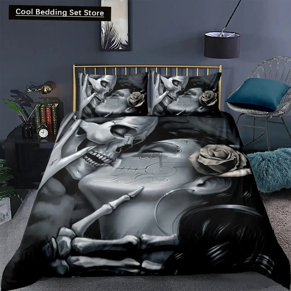 Gothic Skelett Bettwaesche Set Mit Totenkopf Fuer Halloween
