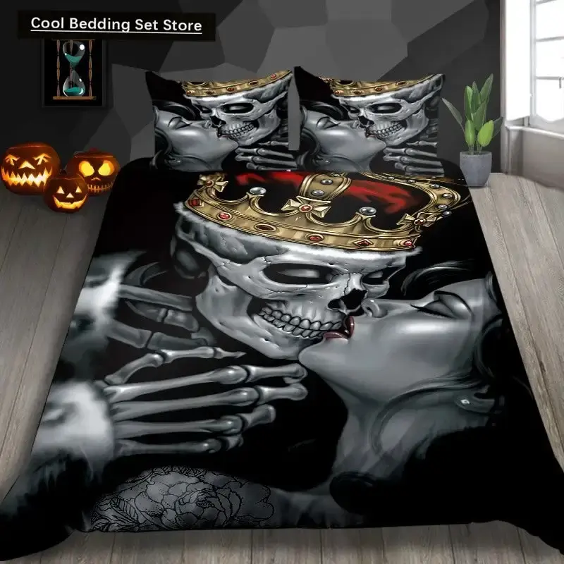 Gothic Skelett Bettwaesche Set Mit Totenkopf Fuer Halloween