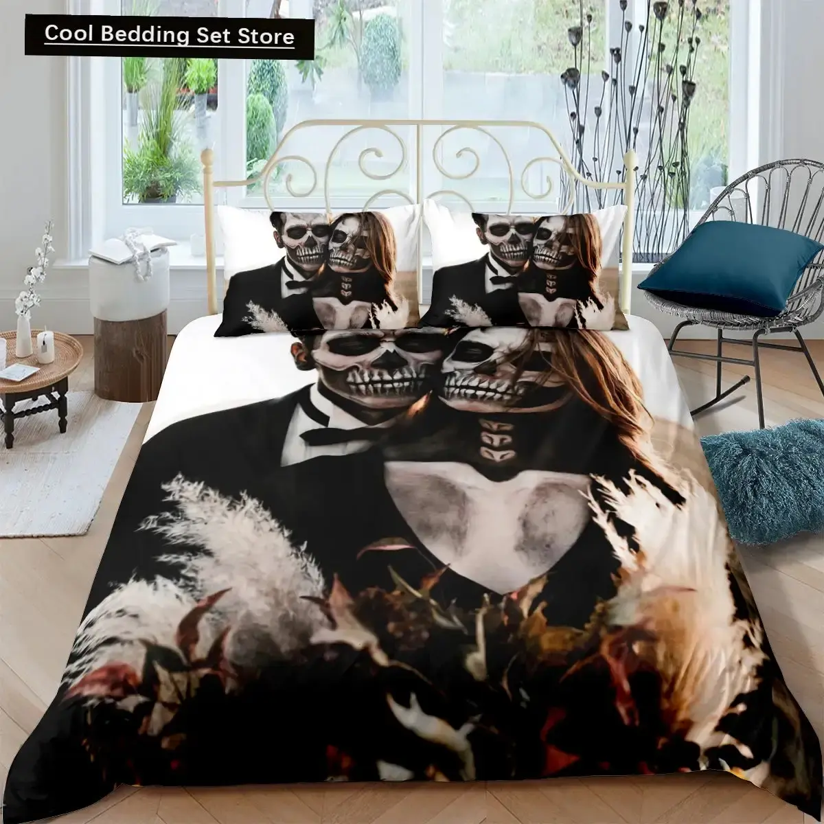 Gothic Skelett Bettwaesche Set Mit Totenkopf Fuer Halloween