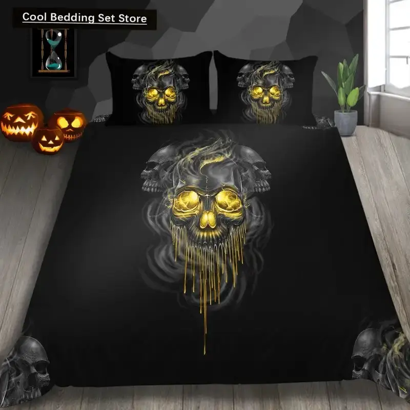 Gothic Skelett Bettwaesche Set Mit Totenkopf Fuer Halloween