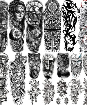 Gothic Temporary Tattoo Sleeve – Löwe, Tiger & Maori-Motive