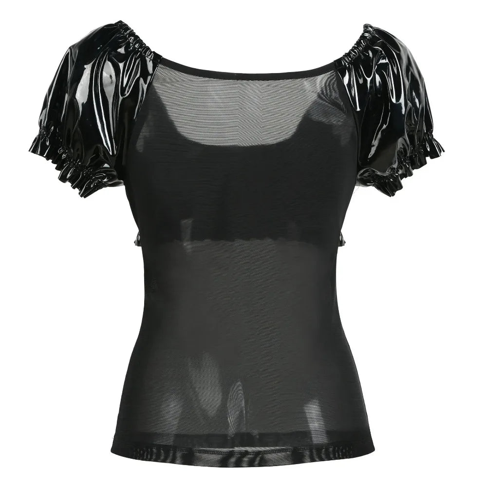 Gothic Punk Top aus Kunstleder mit Netz, S-XXL, Schwarz – Bild 2