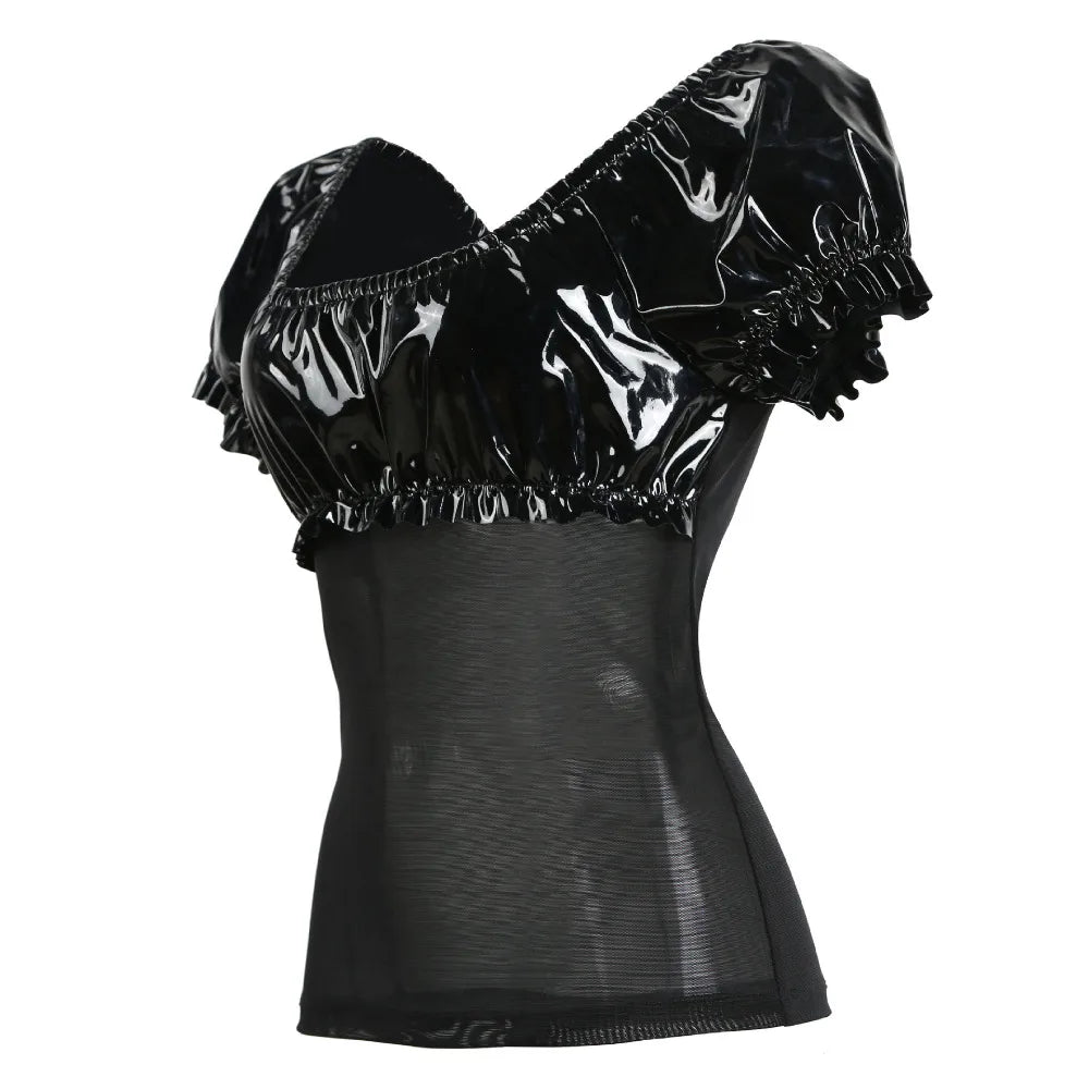 Gothic Punk Top aus Kunstleder mit Netz, S-XXL, Schwarz – Bild 4