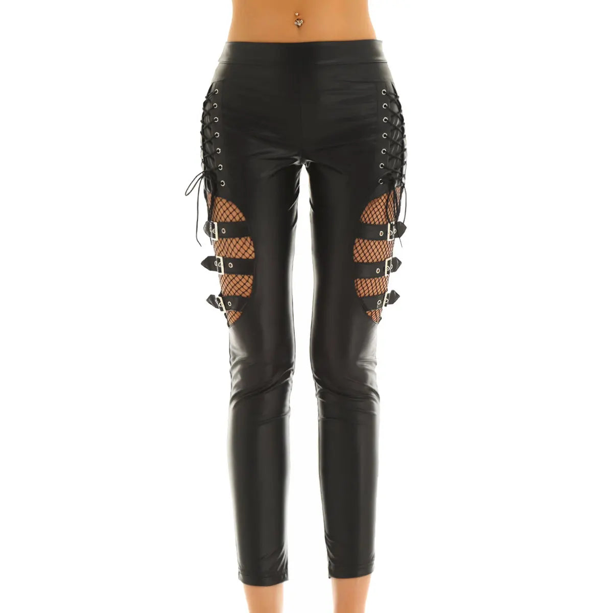 Gothic Damen Leggings aus Kunstleder mit Netz und Schnallen – Bild 7