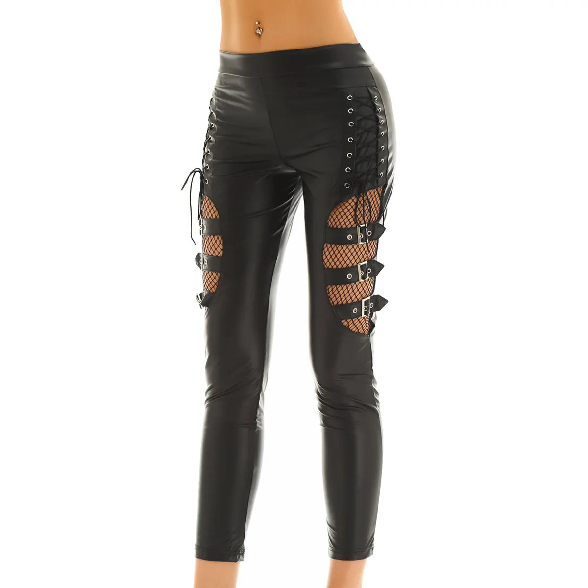 Gothic Damen Leggings aus Kunstleder mit Netz und Schnallen – Bild 4