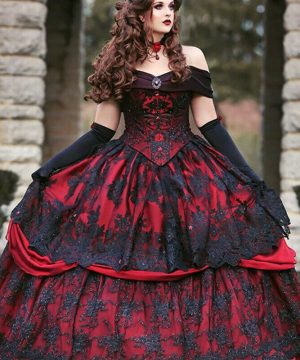 Gothic Hochzeitskleid in Burgunder und Schwarz Spitze