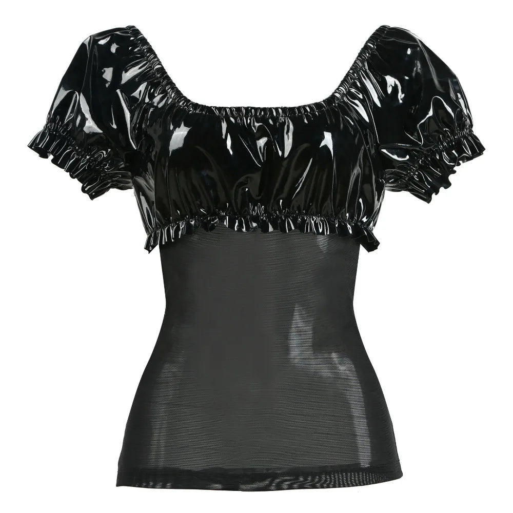 Gothic Punk Top aus Kunstleder mit Netz, S-XXL, Schwarz