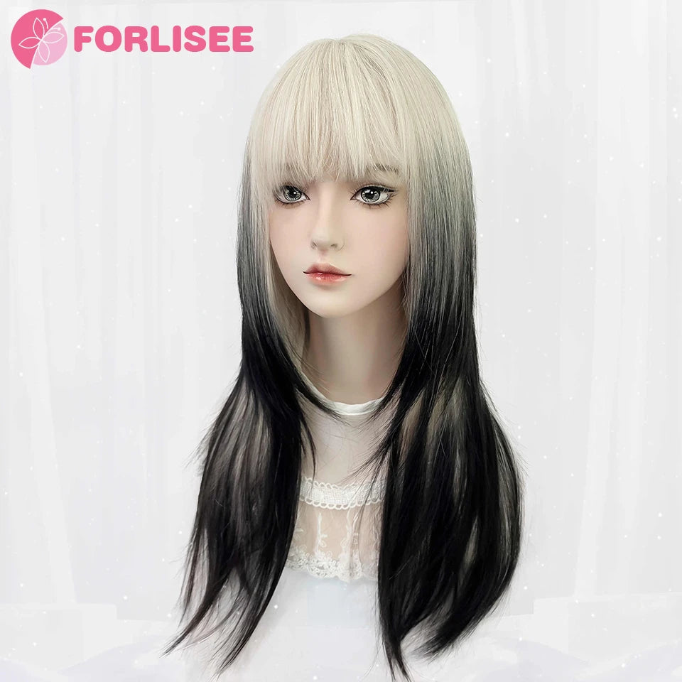 Lange Gothic Kunsthaarperücke Schwarz-Weiß mit Pony – Bild 2