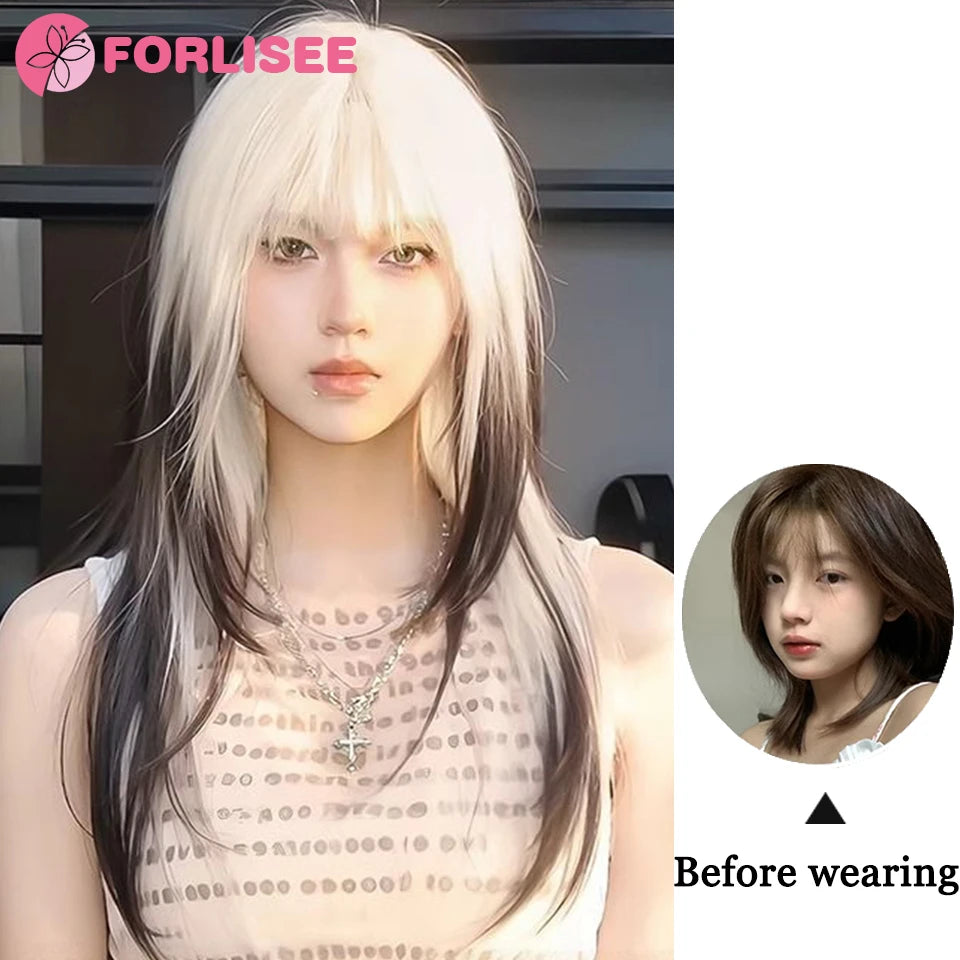 Lange Gothic Kunsthaarperücke Schwarz-Weiß mit Pony – Bild 4