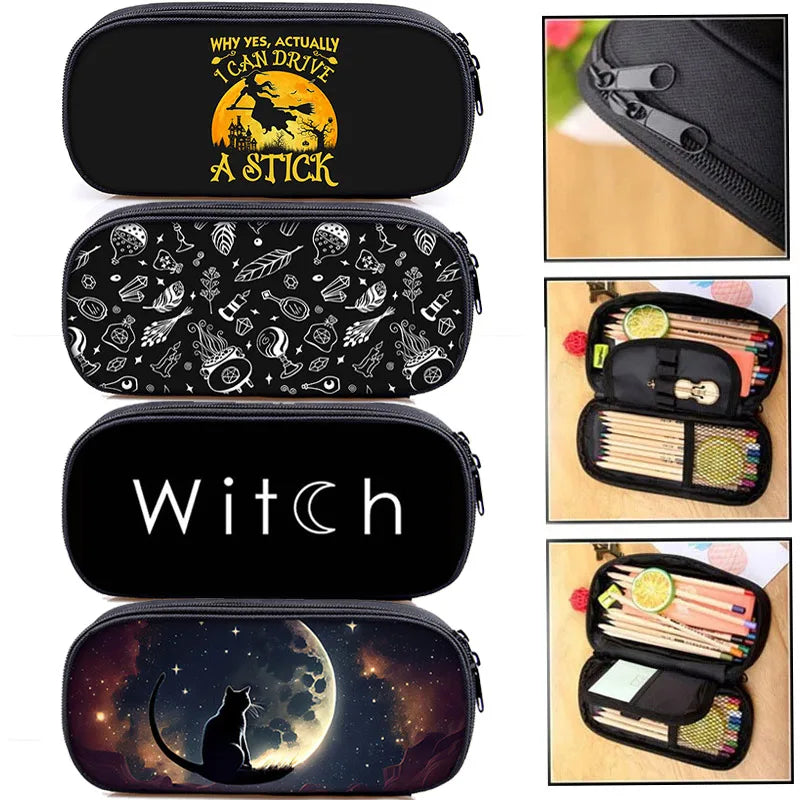 Gothic Federmäppchen mit Hexe, Mond & Katze Design