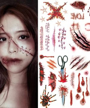 Gothic Halloween Tattoo Sticker – Blutige Narben & Spinnen